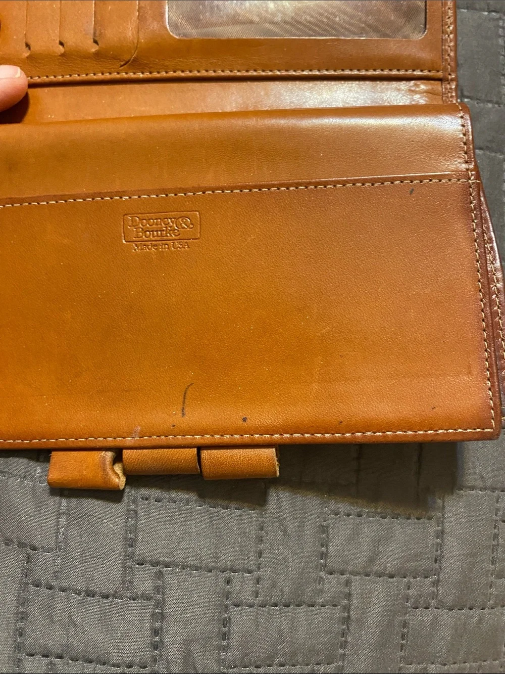 Dooney & Bourke Black/dark Navy Pebbled Leather Wallet with Brown Trim